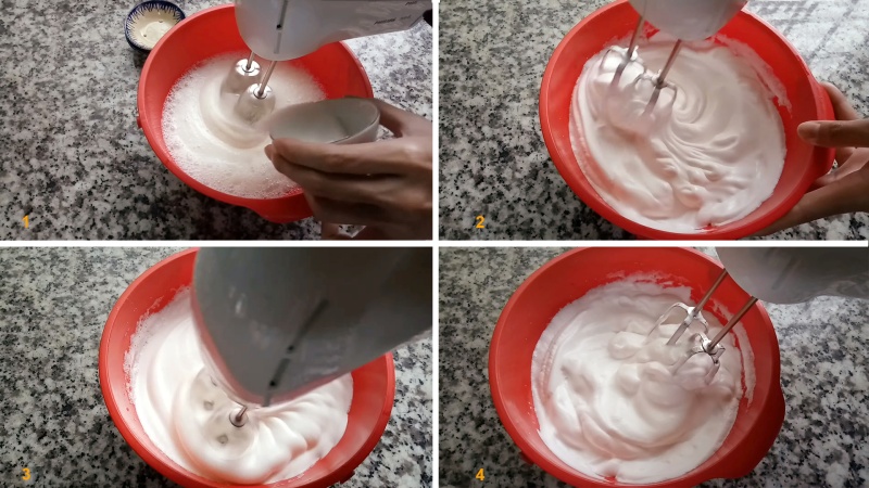 Cho đường vào từ từ và dùng máy đánh bông kem