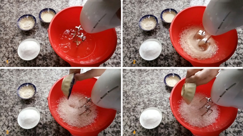 Cho giấm và muối vào để đánh bông lòng trắng trứng gà